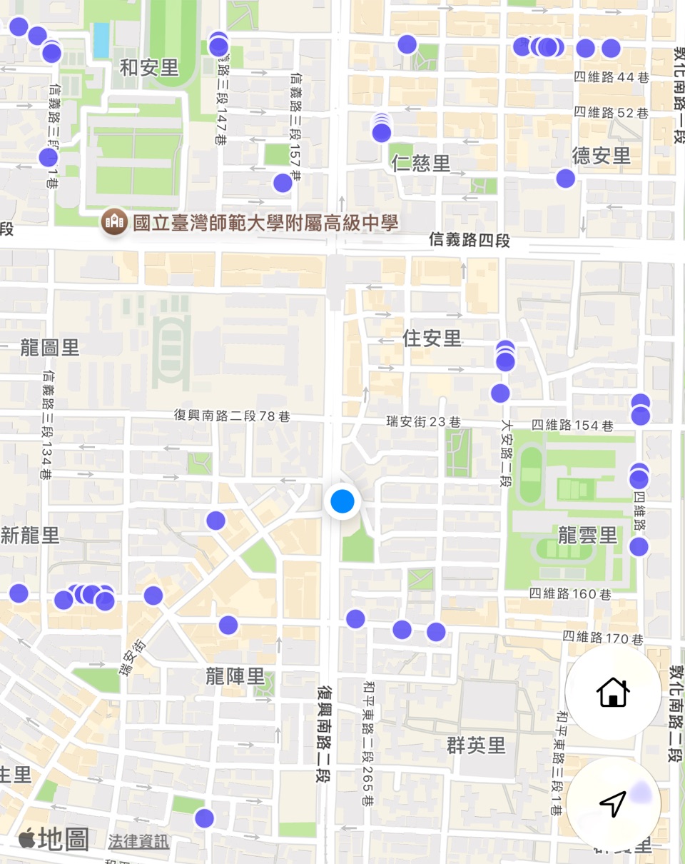 Real DashTW screen: free street parking spaces found near Fuxing South Road Section 2, Taipei